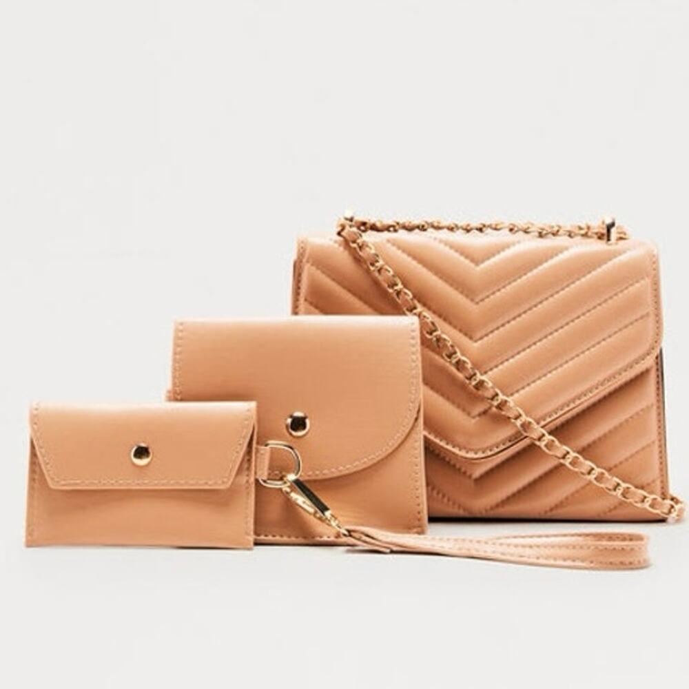 NEW Fashion Nova Nude Quilted Crossbody Bag Wallet Set Chain Strap Chic Style